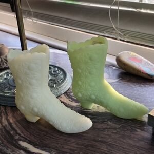 Pair Fenton Glass Boots Daisy & Button - URANIUM Vaseline Glass